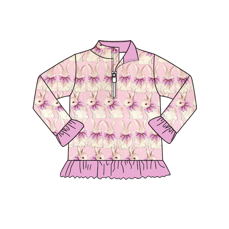 Preorder (moq 5) Baby Girl Clothes Vintage Pink Bunny Bow Allover Print Long Sleeve Quarter Zip Ruffle Hem Top