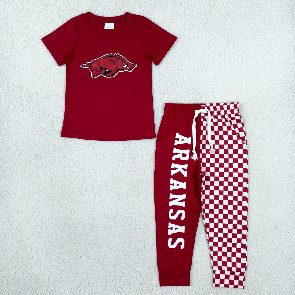 NO MOQ RTS BSPO0699-vinyl-bundle Baby Boy Clothes Arkansas Razorback Print Short Sleeve Jogger Pant Set 202610