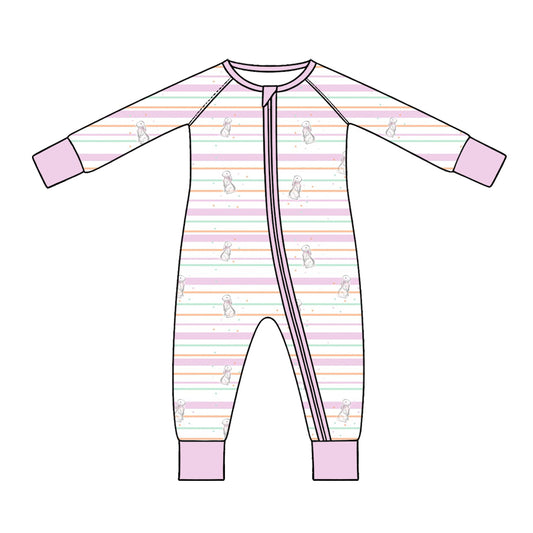 Preorder (moq 5) Baby Girl Clothes Easter Bunny Pastel Stripe Print Zipper Romper