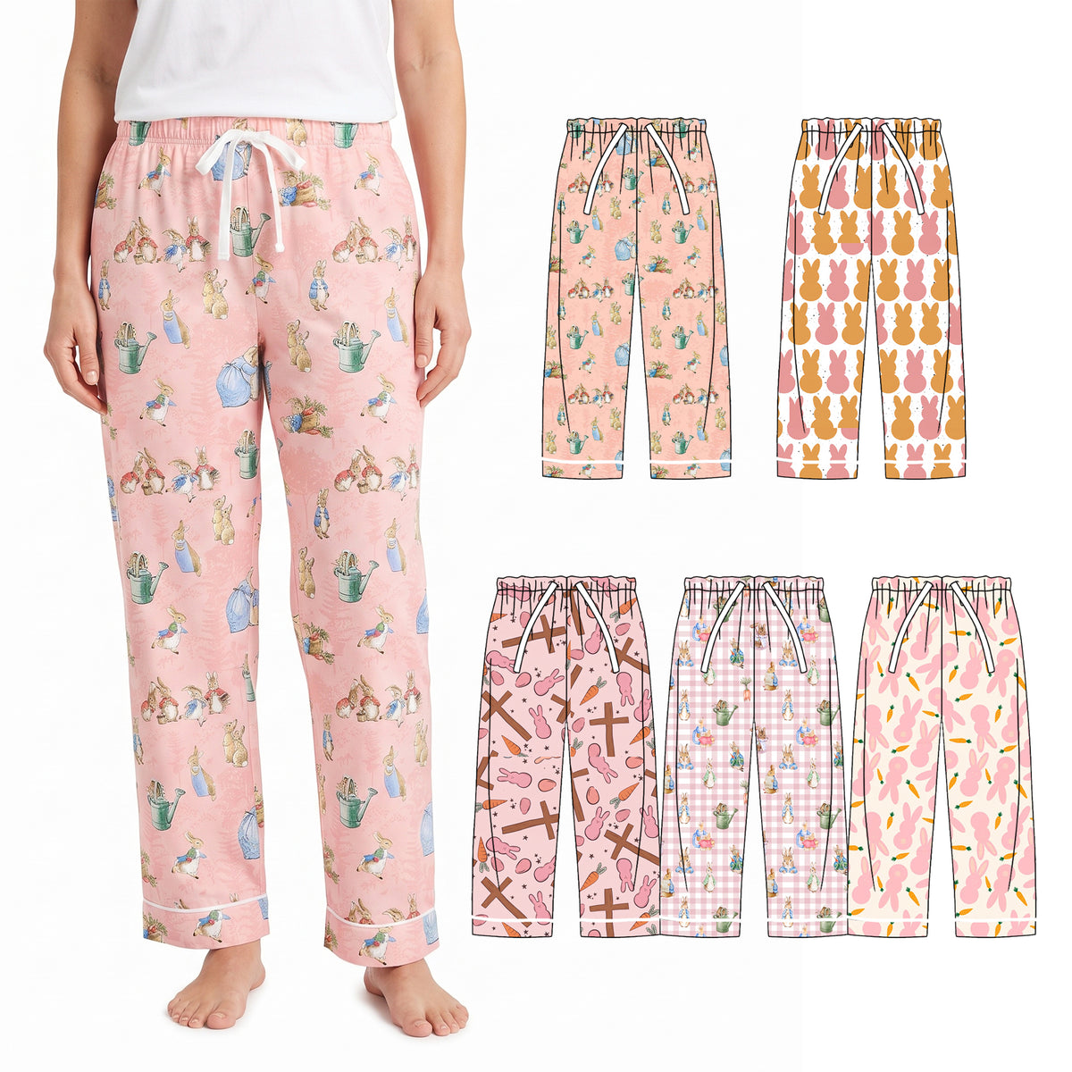 Preorder (moq 5) Women Clothes Easter Pink Gingham Rabbit Carrot Print Long Casual Pants