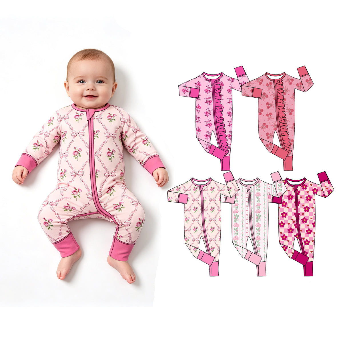Preorder (moq 5) Baby Girl Clothes Pink Striped Rose Heart Allover Print Long Sleeve Zipper Jumpsuit