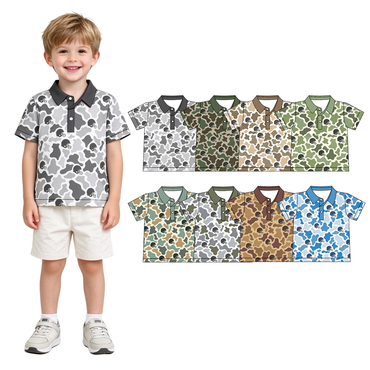 Preorder (moq 5) Baby Boy Clothes Gray Cow Camo Football Helmet Print Short Sleeve Polo Shirt