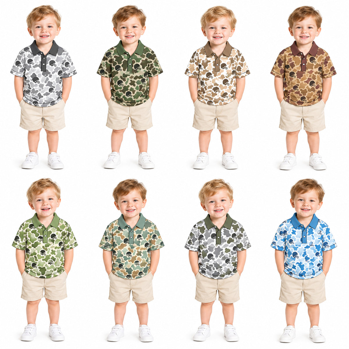 Preorder (moq 5) Baby Boy Clothes Tan Khaki Cow Camo Football Helmet Print Short Sleeve Polo Shirt