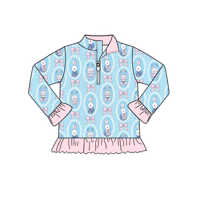 Preorder (moq 5) Baby Girl Clothes Blue Easter Bunny Egg Frame Allover Print Long Sleeve Quarter Zip Ruffle Hem Top