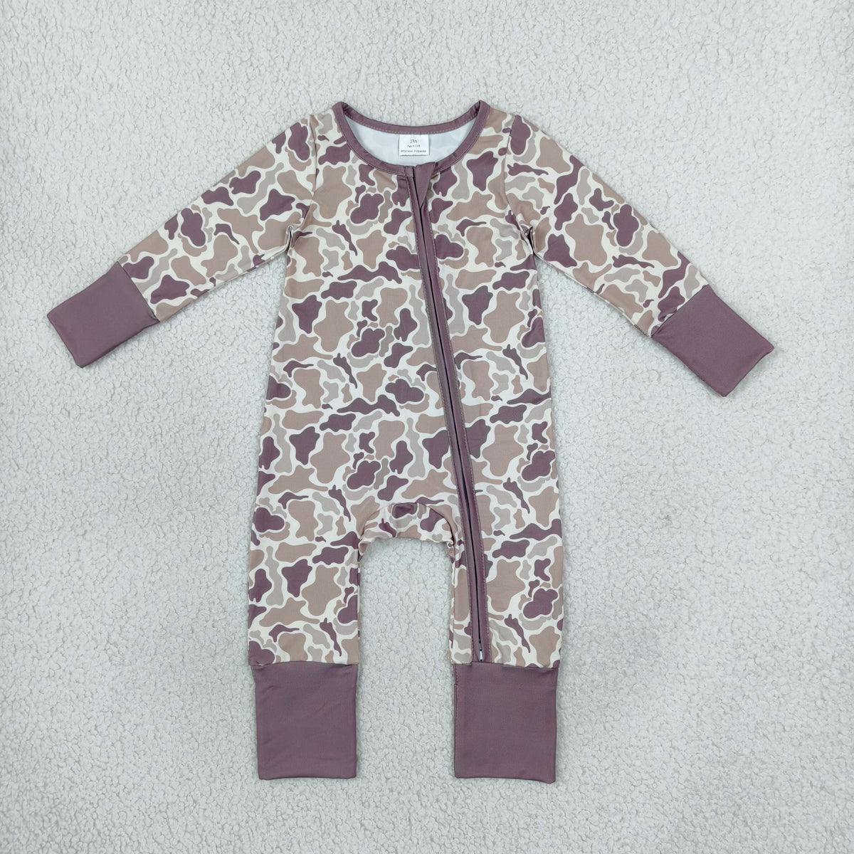NO MOQ RTS LR2948 Baby Boy Girl Clothes Dusty Purple Camo Mixed Print Long Sleeve Zipper Baby Jumpsuit 202610