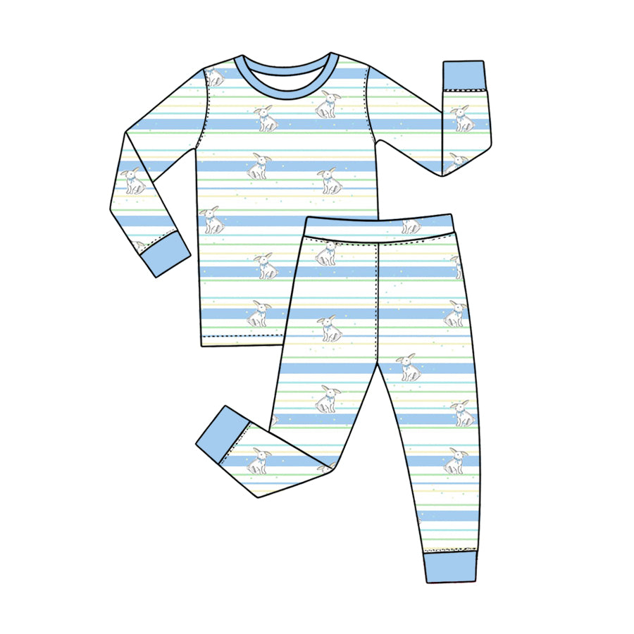 Preorder (moq 5) Baby Boy Clothes Easter Bunny Blue Stripe Print Long Sleeve Pajama Set