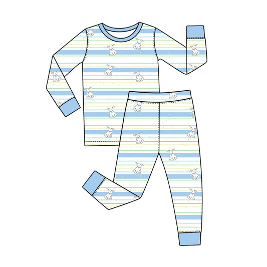 Preorder (moq 5) Baby Boy Clothes Easter Bunny Blue Stripe Print Long Sleeve Pajama Set