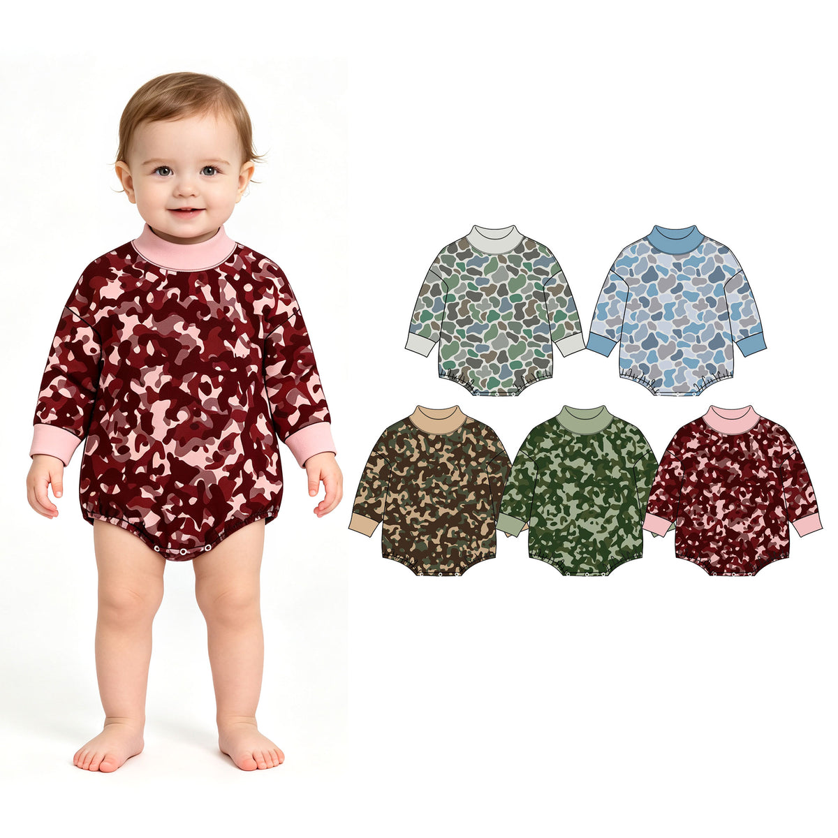 Preorder (moq 5) Baby Boy Clothes Classic Brown Camo Print Long Sleeve Turtleneck Bubble Romper