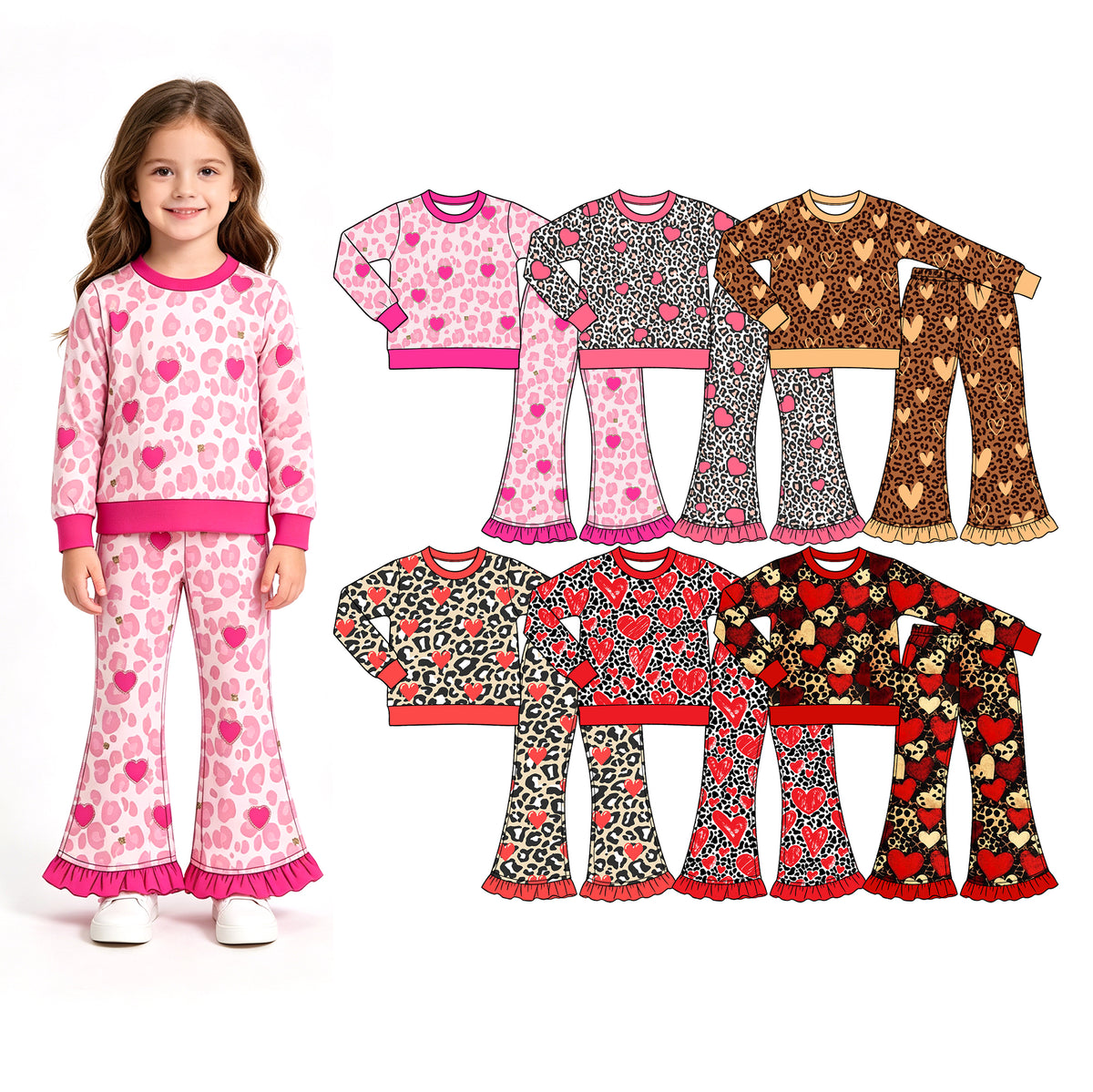 Preorder (moq 5) Baby Girl Clothes Valentine Black Leopard Red Hand Drawn Heart Print Long Sleeve Ruffle Flare Pant Set