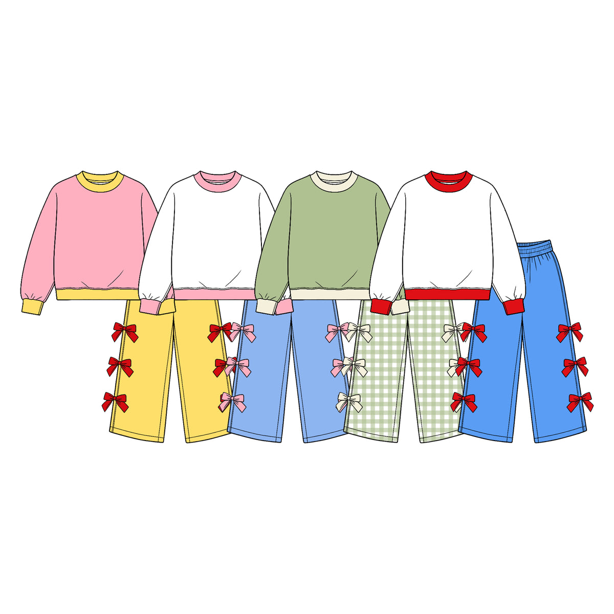 Preorder (moq 5) GLP4035 Baby Girl Clothes Solid Pink Print Long Sleeve Bow Flare Pant Set