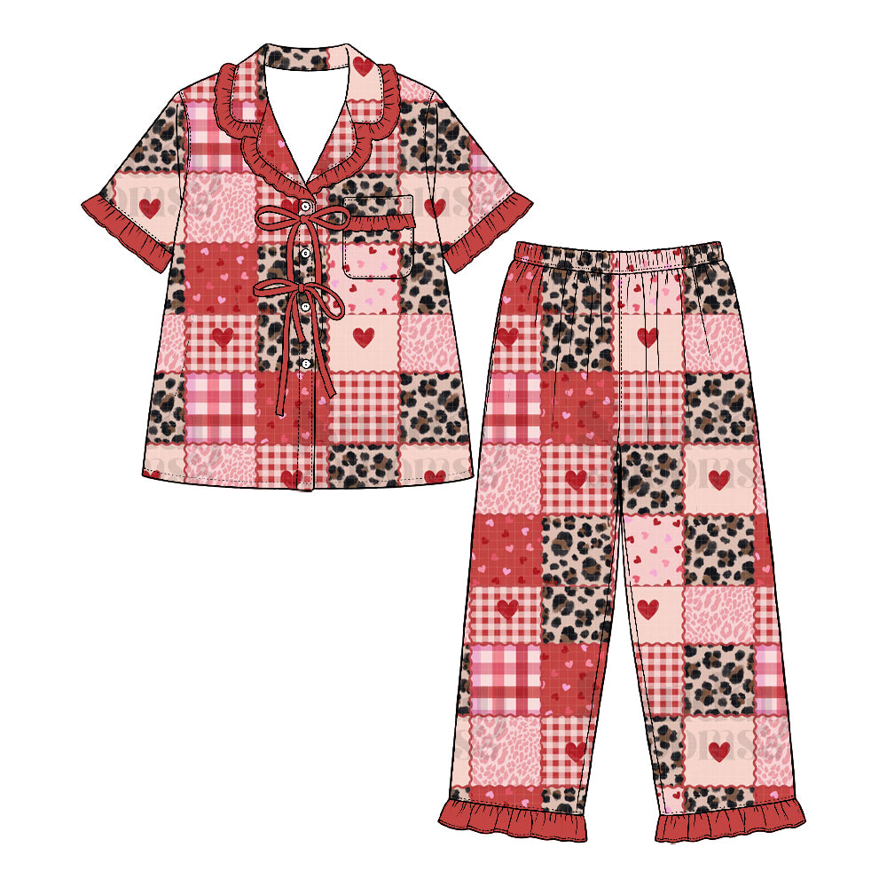 Preorder (moq 5) Baby Girl Clothes Valentine Patchwork Plaid Leopard Heart Print Short Sleeve Ruffle Pajama Set