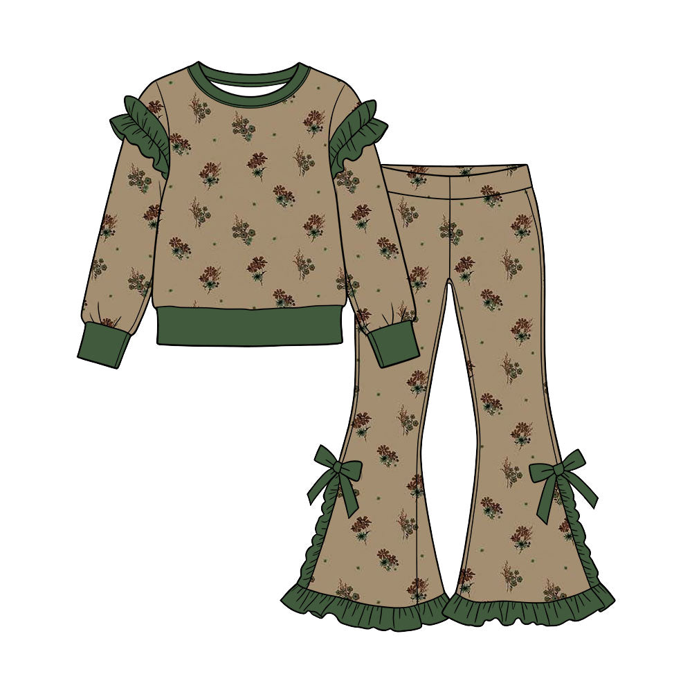 Preorder (moq 5) Baby Girl Clothes Khaki Rust Floral Print Long Sleeve Ruffle Top Bow Flare Pant Set