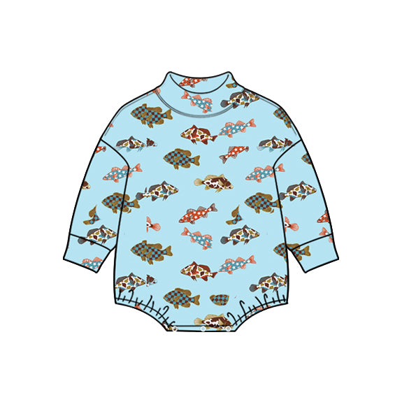 Preorder (moq 5) Baby Boy Clothes Colorful Checkered Fish Print Long Sleeve Bubble Romper