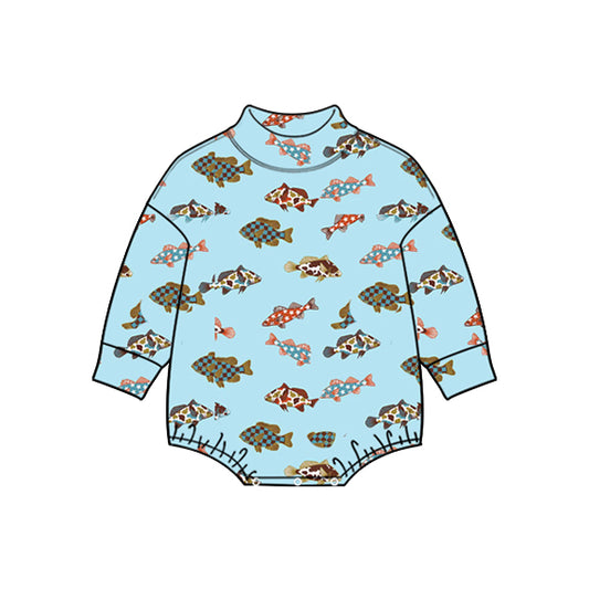 Preorder (moq 5) Baby Boy Clothes Colorful Checkered Fish Print Long Sleeve Bubble Romper