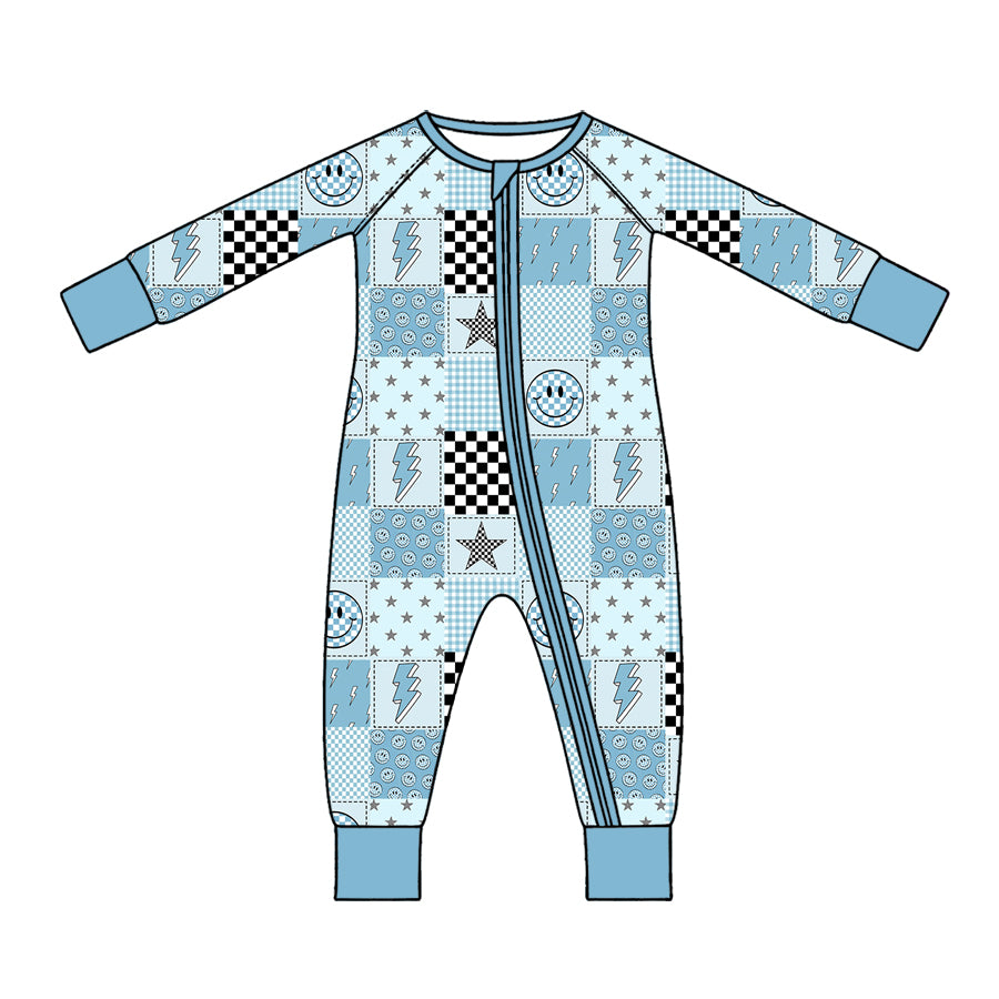 Preorder (moq 5) Baby Clothes Patchwork Smiley Star Lightning Checker Long Sleeve Zipper Romper