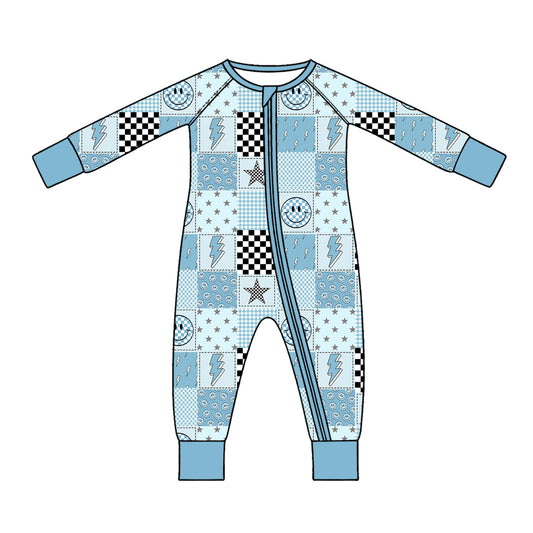 Preorder (moq 5) Baby Clothes Patchwork Smiley Star Lightning Checker Long Sleeve Zipper Romper