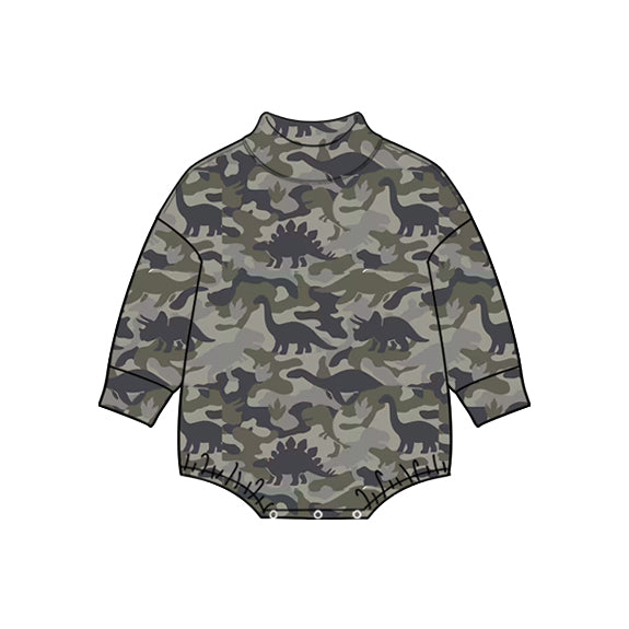 Preorder (moq 5) Baby Boy Clothes Camo Dinosaur Silhouette Print Long Sleeve Mock Neck Bodysuit