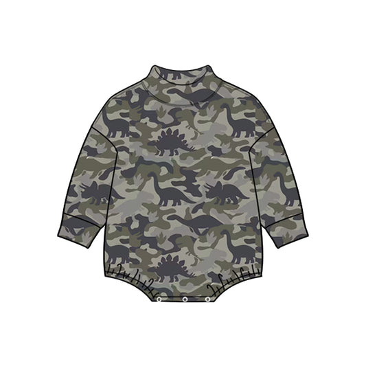 Preorder (moq 5) Baby Boy Clothes Camo Dinosaur Print Long Sleeve Bubble Romper