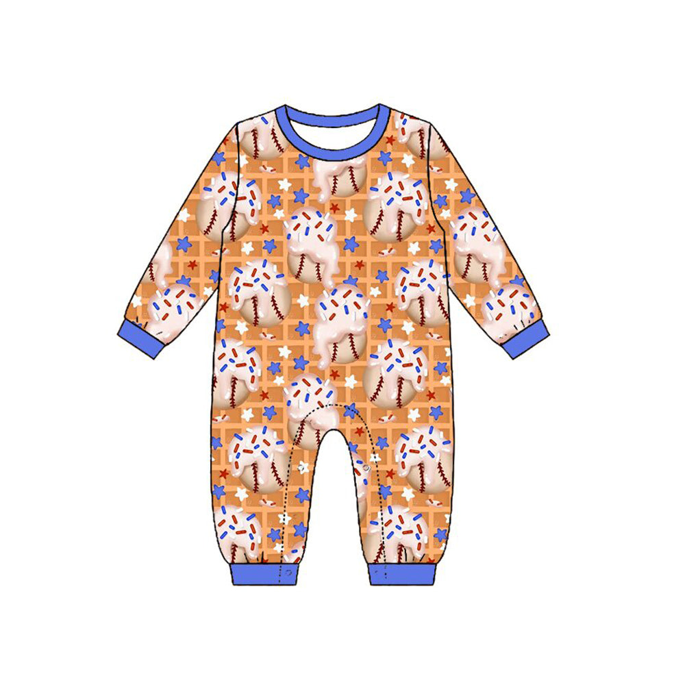 Preorder (moq 5) Baby Boy Clothes Baseball Waffle Donut Sprinkle Print Long Sleeve Jumpsuit