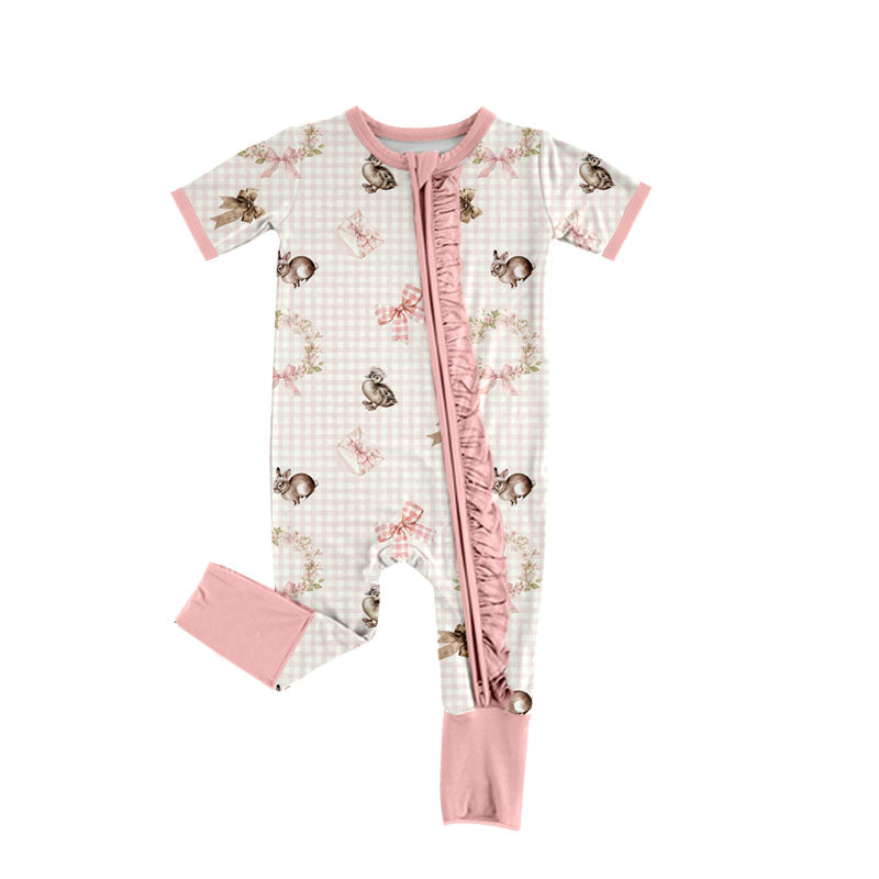 Preorder (moq 5) Baby Girl Clothes Easter Bunny Duck Bow Gingham Print Short Sleeve Zipper Ruffle Romper