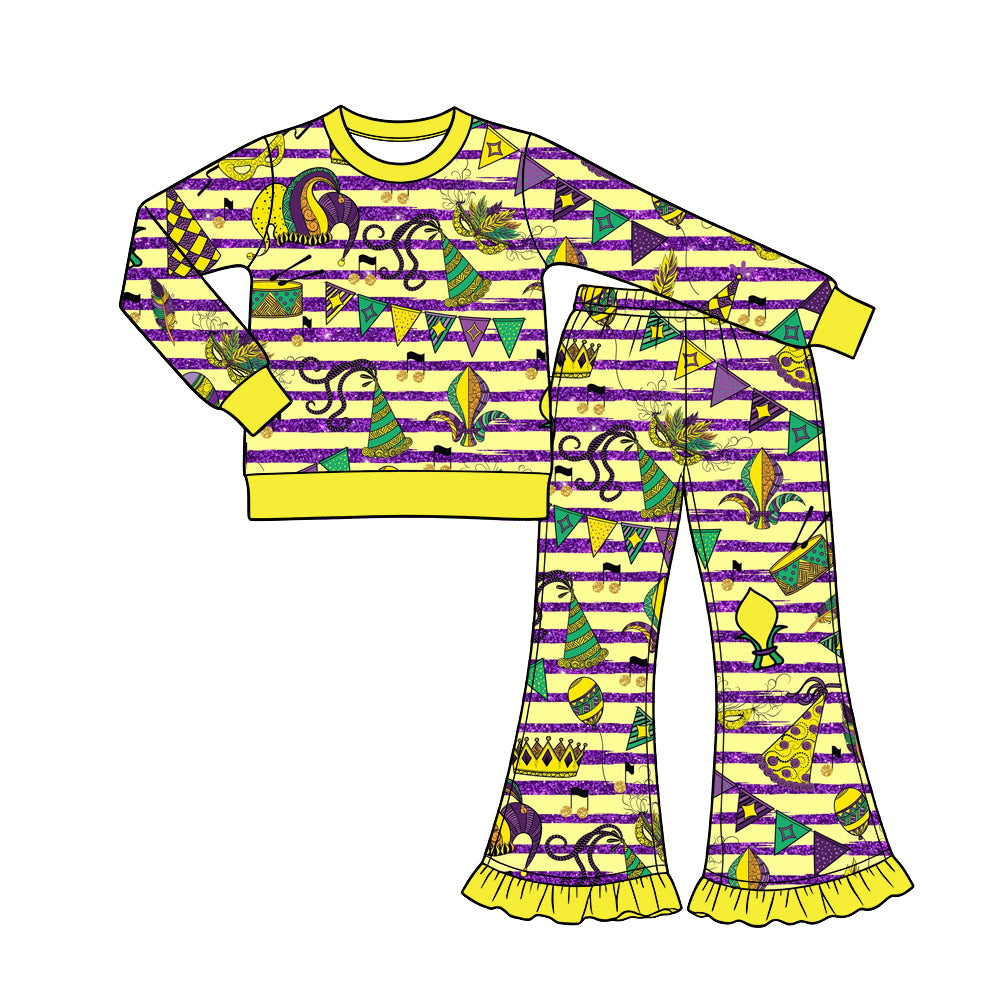 Preorder (moq 5) Baby Girl Clothes Mardi Gras Party Hat Drum Stripe Mixed Print Long Sleeve Flare Pant Set