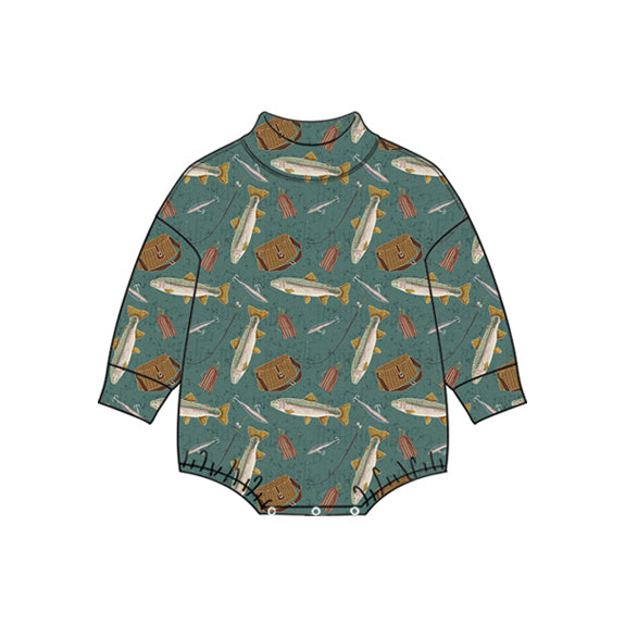 Preorder (moq 5) Baby Boy Clothes Rustic Trout Fishing Gear Print Long Sleeve Mock Neck Bodysuit
