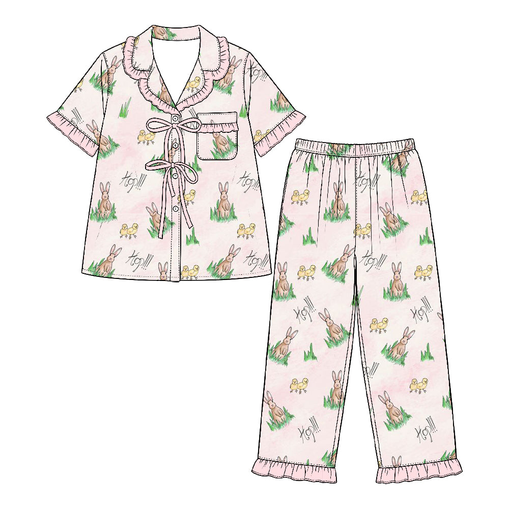 Preorder (moq 5) Baby Girl Clothes Easter Bunny Chick Grass Mixed Print Short Sleeve Ruffle Pajama Set