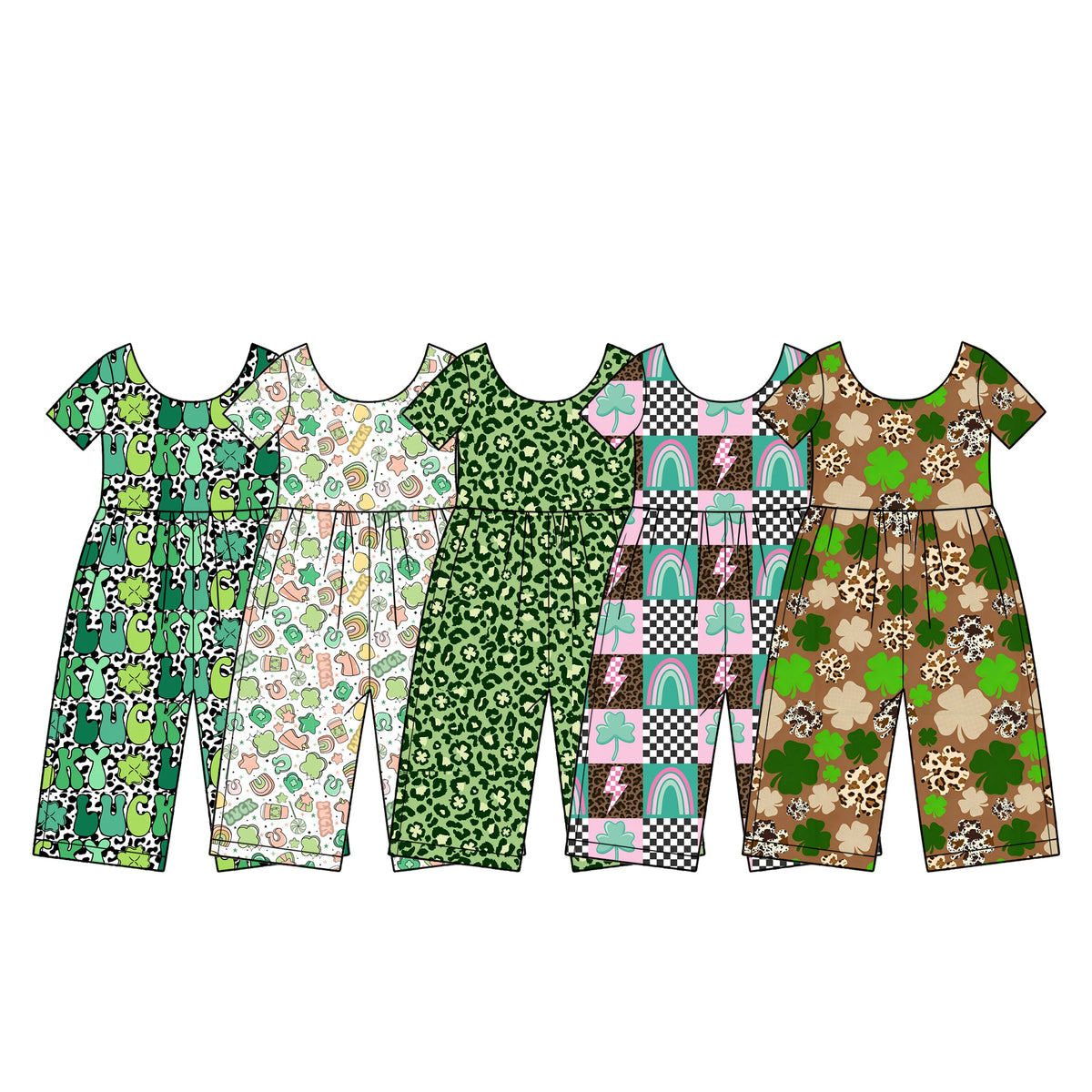 Preorder (moq 5) SR4368 Baby Girl Clothes Green Leopard Clover Mixed Print Short Sleeve Jumpsuit