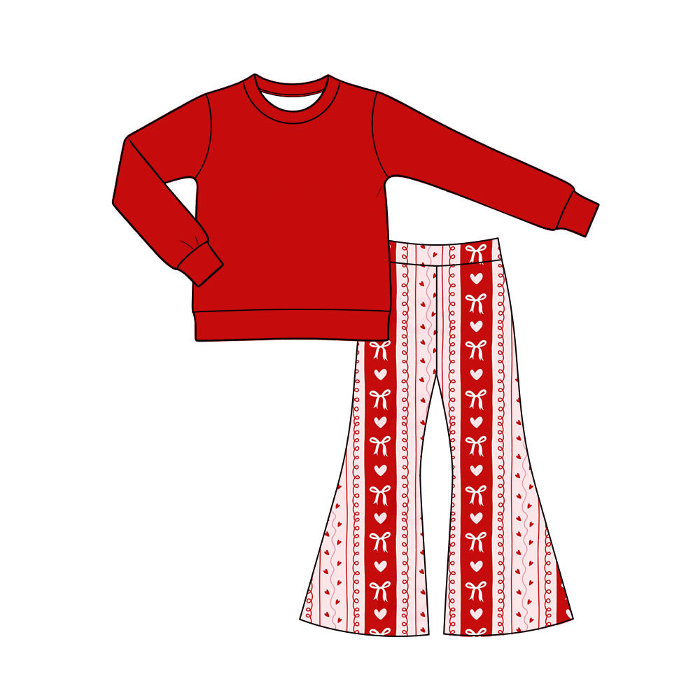 Preorder (moq 5) Baby Girl Clothes Solid Red Top Bow Heart Stripe Print Flare Pants Outfit Set