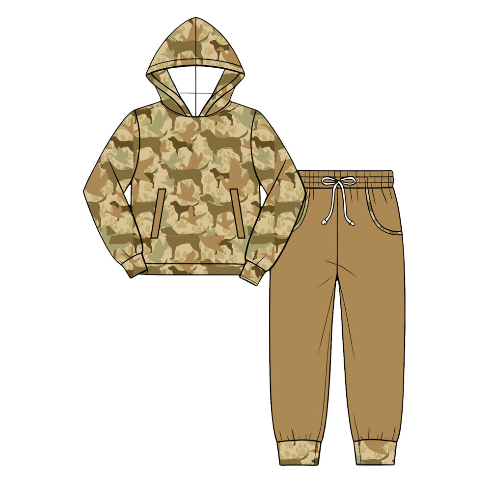 Preorder (moq 5) Baby Boy Clothes Hunting Dog Camo Print Long Sleeve Hoodie Khaki Jogger Pants Outfit Set