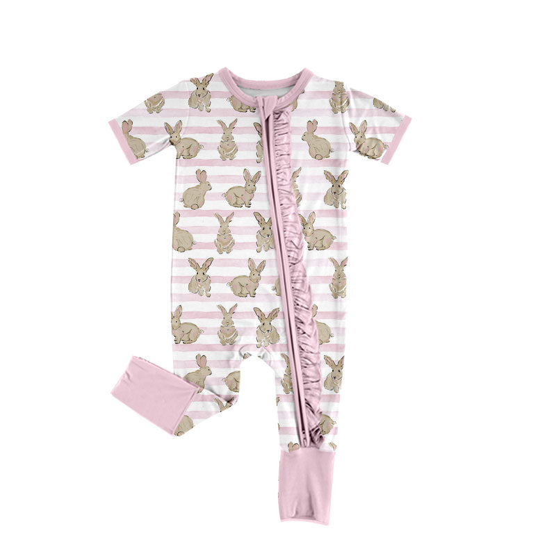Preorder (moq 5) Baby Girl Clothes Easter Bunny Pink Stripe Watercolor Print Short Sleeve Zipper Ruffle Romper