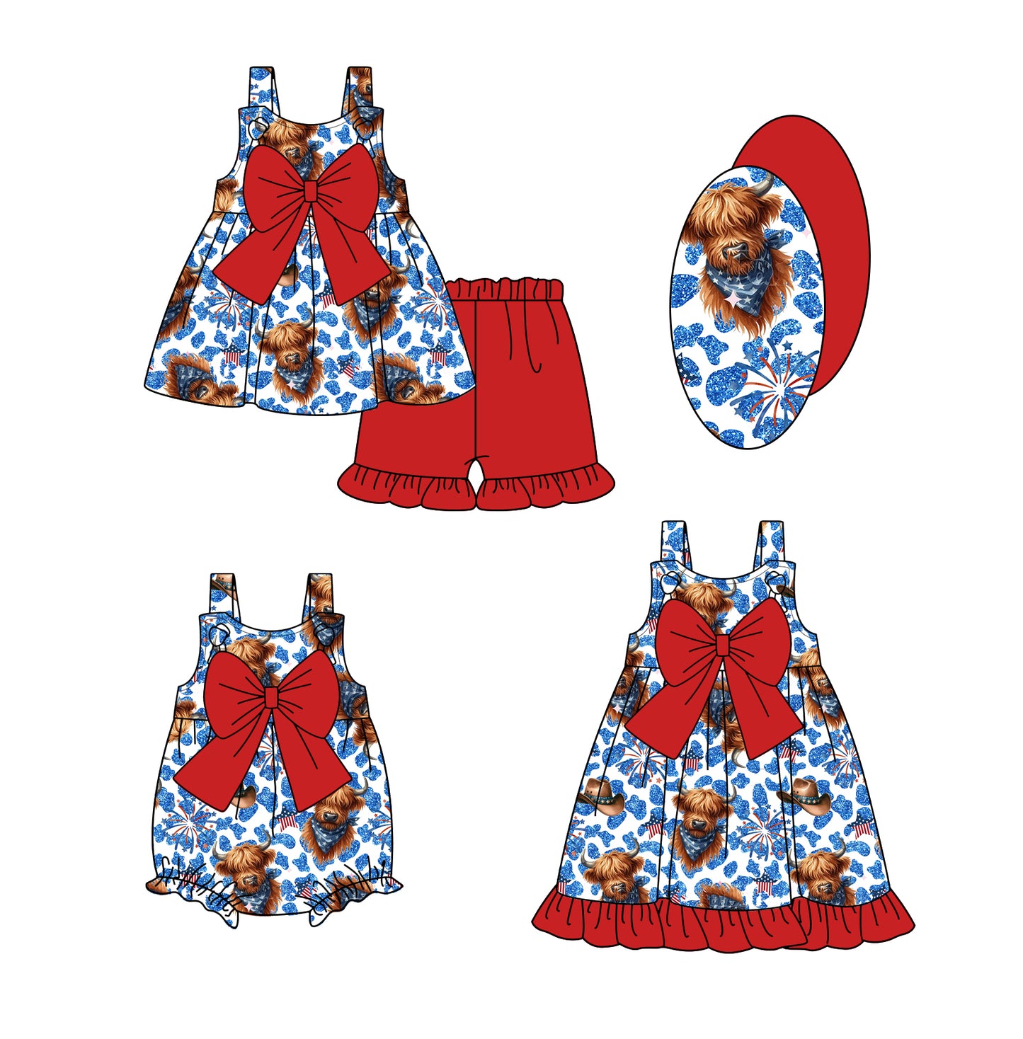 SR2663 4th July bow flowers girl romper 202501 preorder sibling