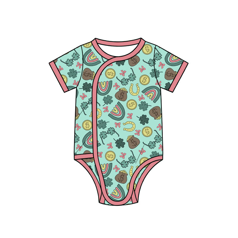 Preorder (moq 5) Baby Girl Clothes St Patricks Rainbow Coin Horseshoe Mixed Print Short Sleeve Side Snap Bodysuit