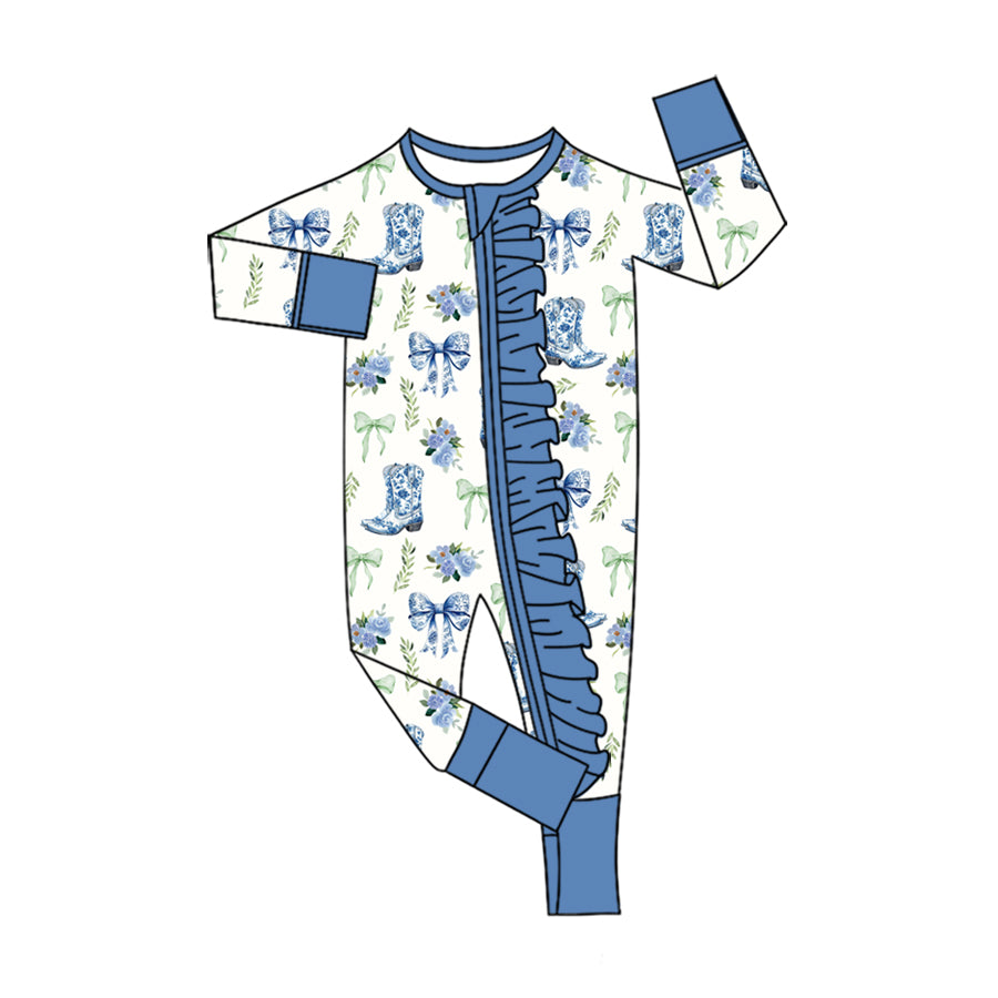 Preorder (moq 5) Baby Girl Clothes Blue Cowboy Boot Bow Floral Allover Print Long Sleeve Ruffle Zipper Romper