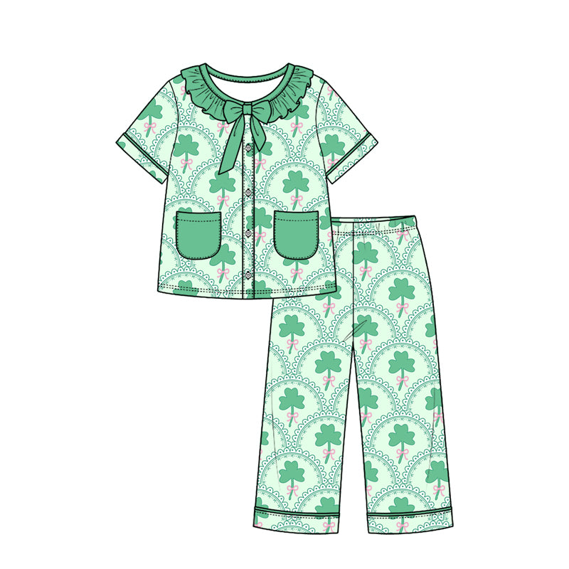 Preorder (moq 5) Girls St Patrick Pajamas Light Green Shamrock Lace Print Ruffle Collar Bow Short Sleeve Top Long Pants Set