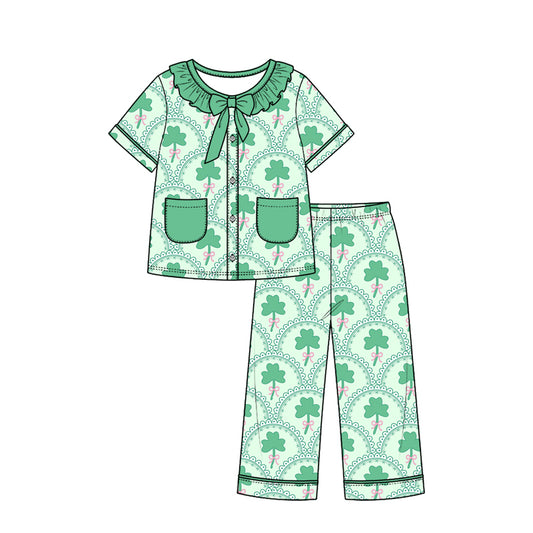 Preorder (moq 5) Girls St Patrick Pajamas Light Green Shamrock Lace Print Ruffle Collar Bow Short Sleeve Top Long Pants Set