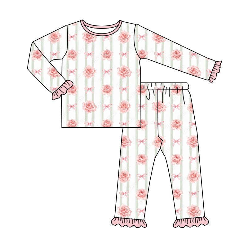 Preorder (moq 5) Baby Girl Clothes Rose Bow Stripe Print Ruffle Long Sleeve Pajama Set