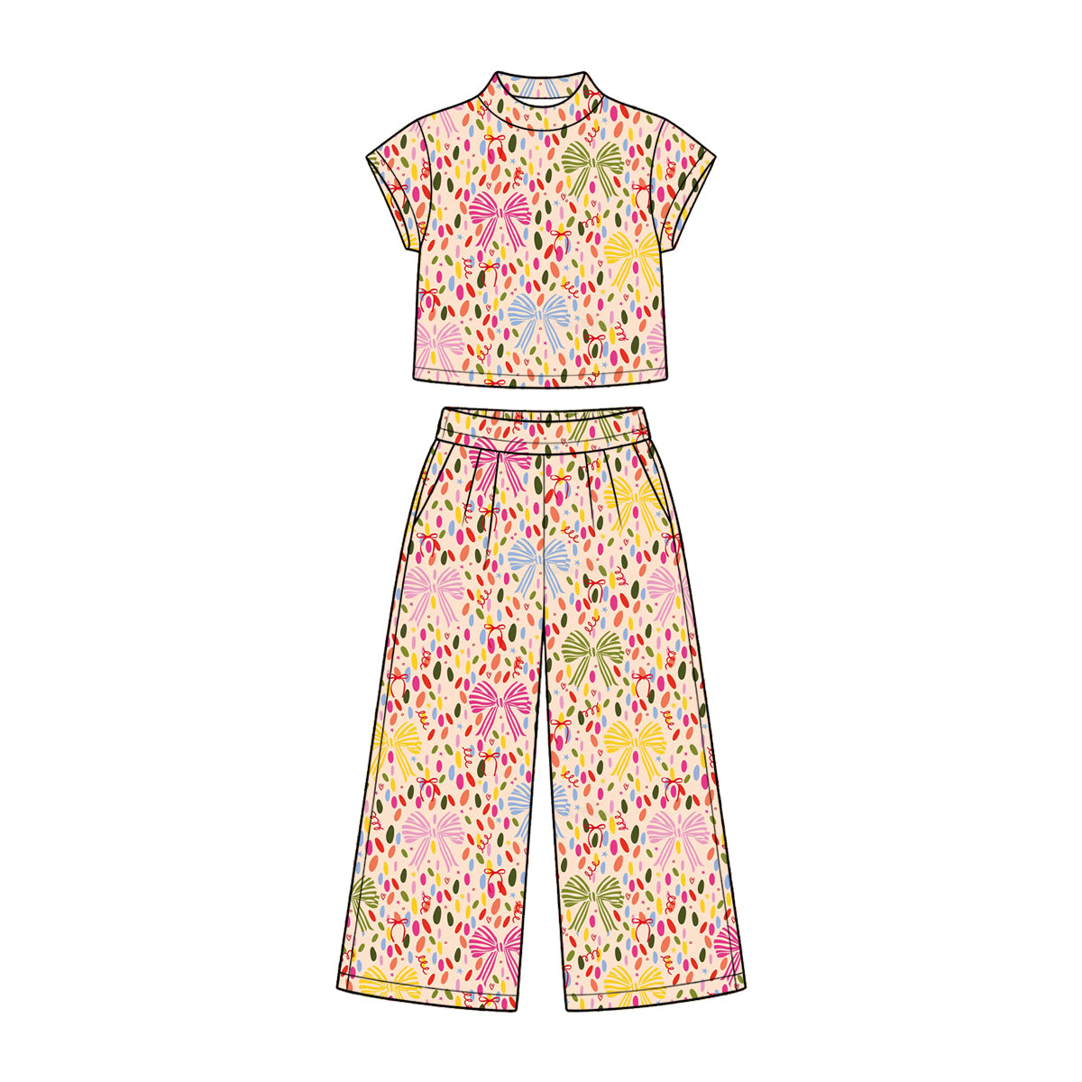 Preorder (moq 5) Baby Girl Clothes Confetti Bow Allover Print Short Sleeve Mock Neck Crop Top Wide Leg Pants Set