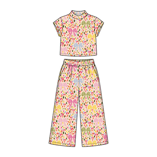 Preorder (moq 5) Baby Girl Clothes Confetti Bow Allover Print Short Sleeve Mock Neck Crop Top Wide Leg Pants Set