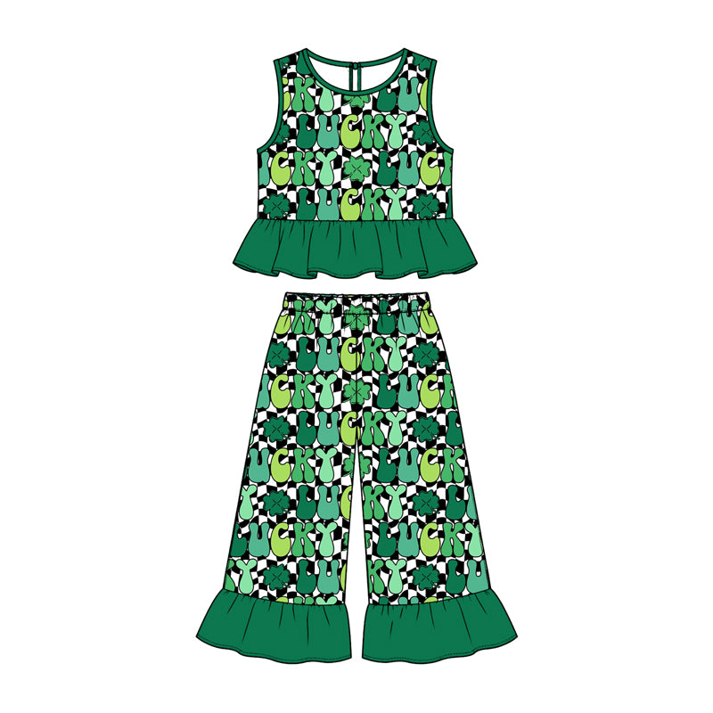 Preorder (moq 5) Baby Girl Clothes St Patrick Bunny Clover Checker Mixed Print Sleeveless Ruffle Flare Pant Set