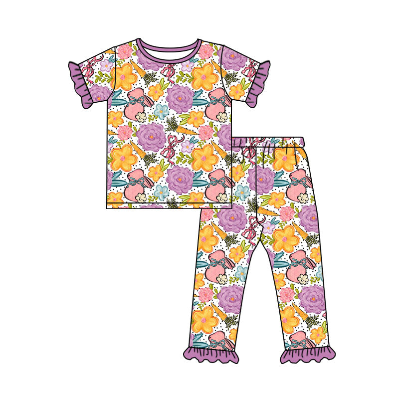 Preorder (moq 5) Baby Girl Clothes Easter Bunny Floral Carrot Print Short Sleeve Ruffle Top Ruffle Long Pant Outfit Set