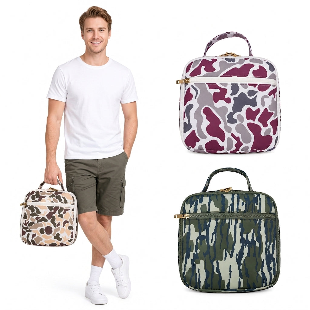 NO MOQ RTS BA0305 Kids Bag Hunting Camo Turkey Dog Mixed Print Portable Insulated Lunch Bag 202610