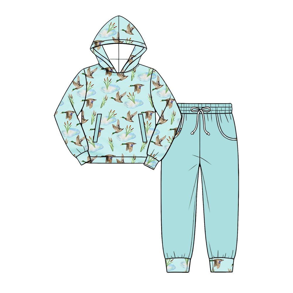 Preorder (moq 5) Baby Boy Clothes Light Blue Flying Duck Watercolor Print Long Sleeve Hooded Top Jogger Pant Set