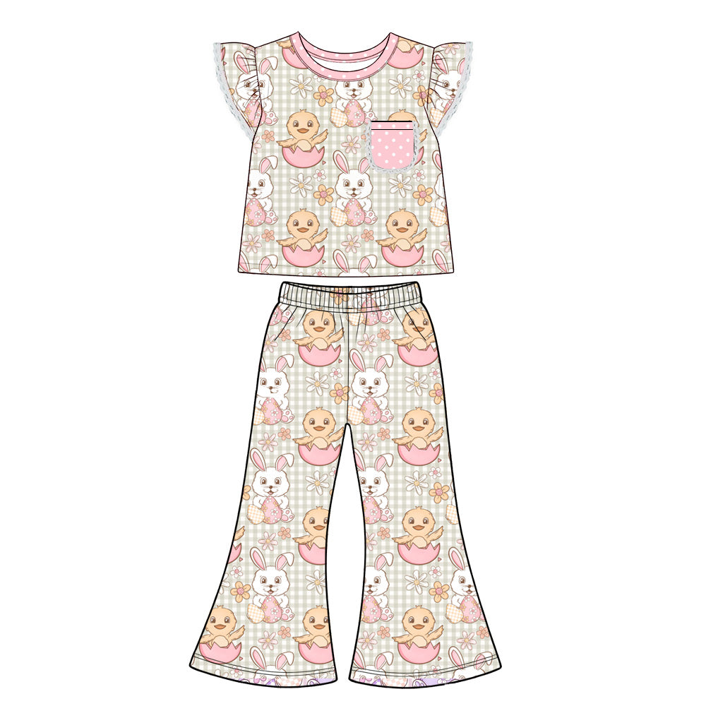 Preorder (moq 5) Baby Girl Clothes Easter Bunny Chick Gingham Floral Mixed Print Short Sleeve Flutter Top Flare Pant Set