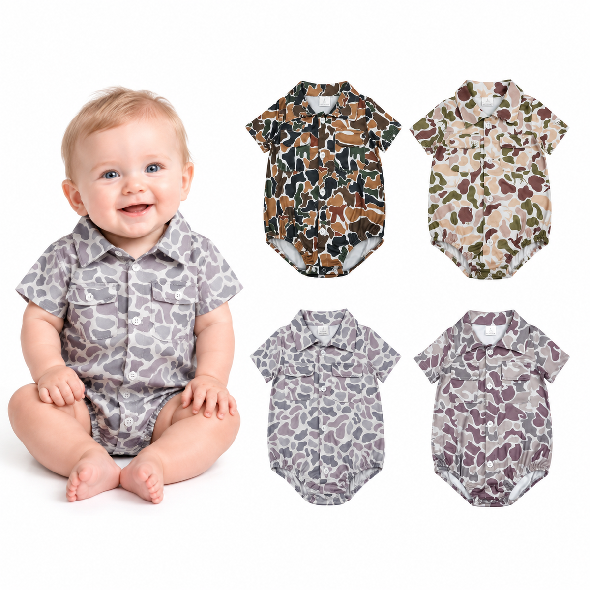 NO MOQ RTS SR3654 Baby Boy Clothes Lavender Grey Camo Print Short Sleeve Pocket Shirt Bubble Romper 202610