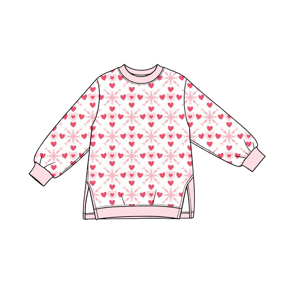Preorder (moq 5) Baby Girl Clothes Pastel Heart Floral Damask Allover Print Long Sleeve Side Slit Tunic Top