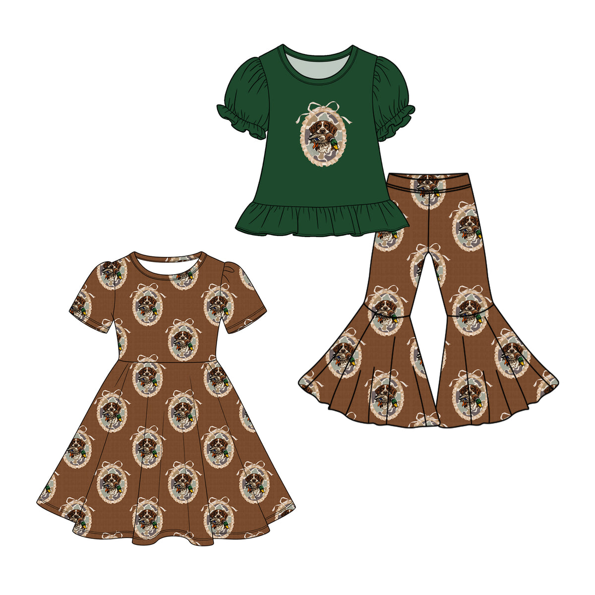 Preorder (moq 5) GSPO2429 Baby Girl Clothes Deer Graphic Print Puff Short Sleeve Top Deer Flare Pants Outfit Set