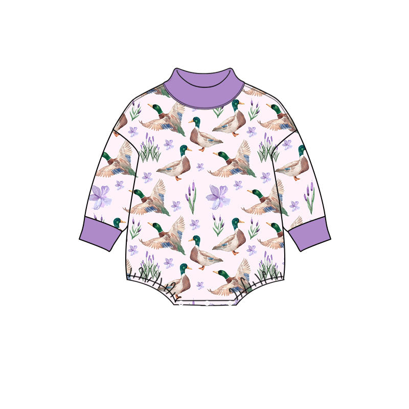 Preorder (moq 5) Baby Girl Clothes Purple Iris Mallard Duck Print Long Sleeve Mock Neck Bubble Romper
