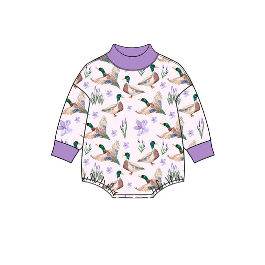 Preorder (moq 5) Baby Girl Clothes Purple Iris Mallard Duck Print Long Sleeve Mock Neck Bubble Romper