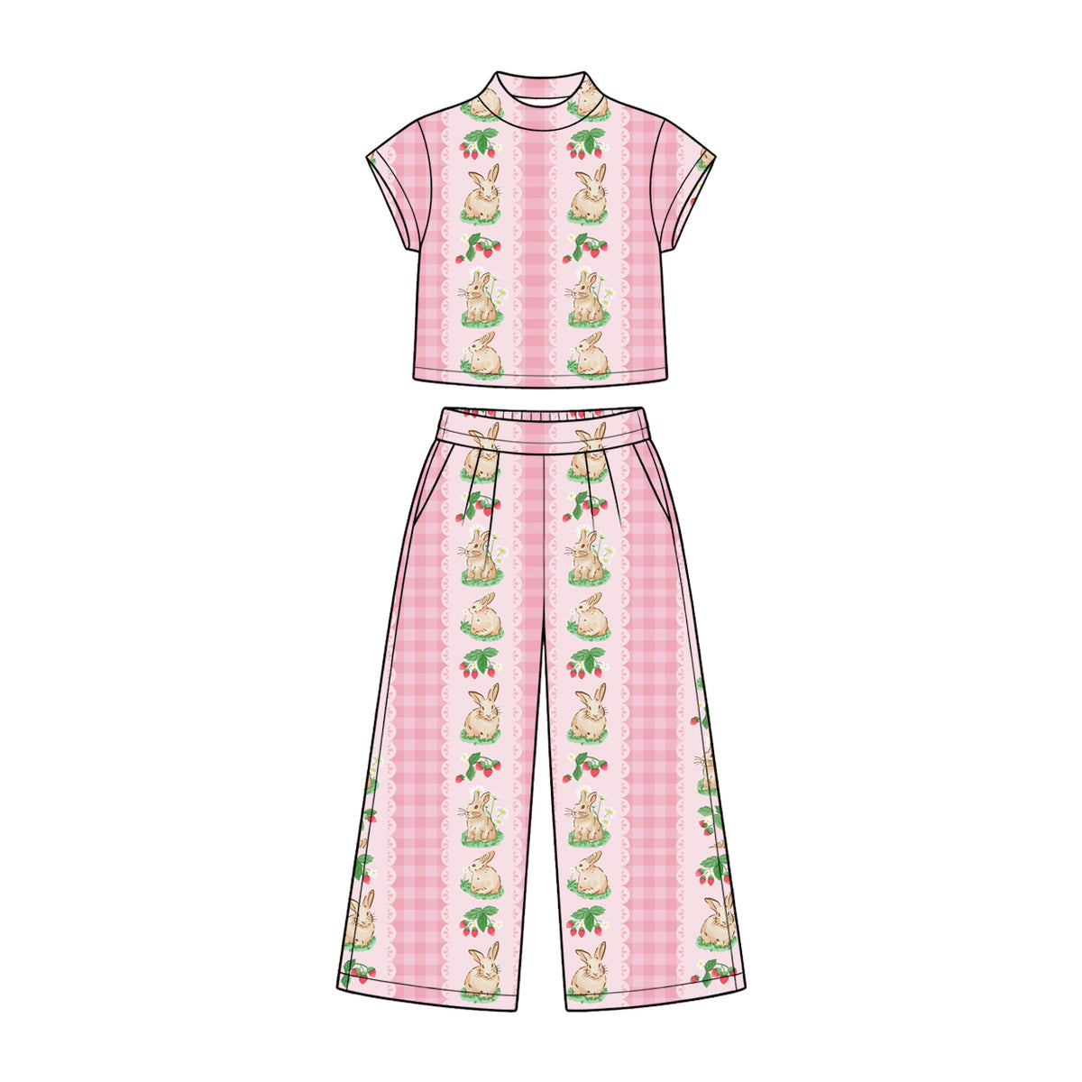 Preorder (moq 5) Baby Girl Clothes Easter Pink Lace Vertical Stripe Bunny Strawberry Print Short Sleeve Wide Leg Pant Set